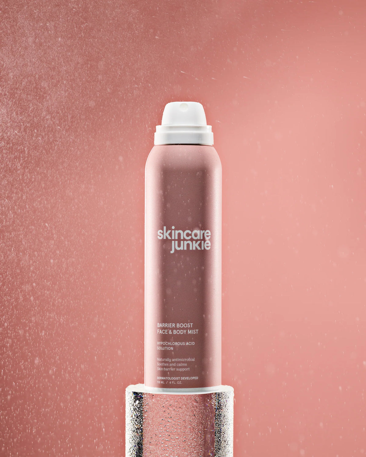 hypochlorous acid spray benefits infographic showing reduces breakouts, restores skin barrier and soothes irritation