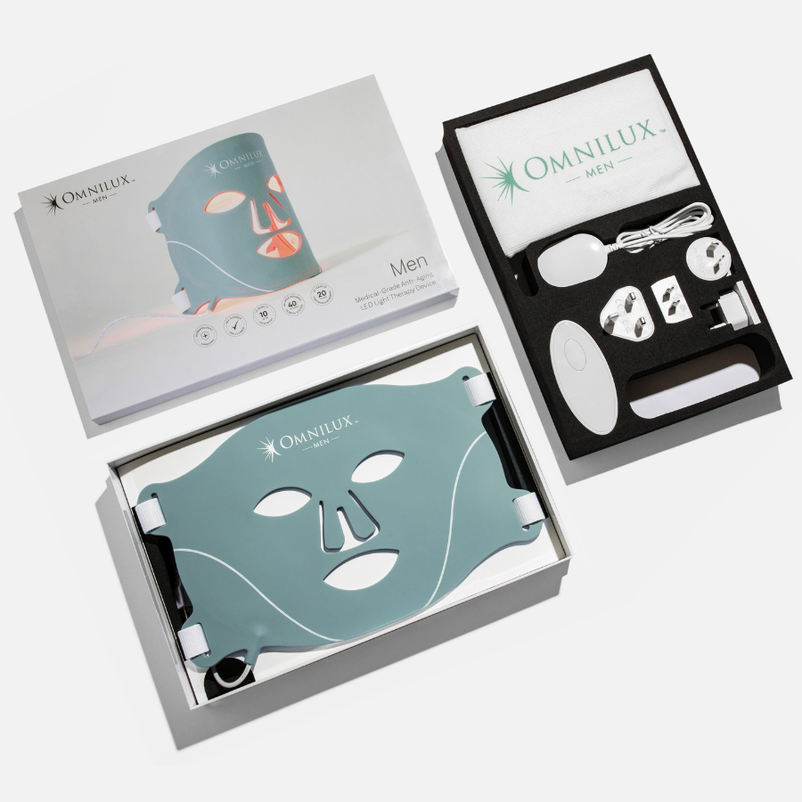 Omnilux Contour Men device with controller, straps, and packaging