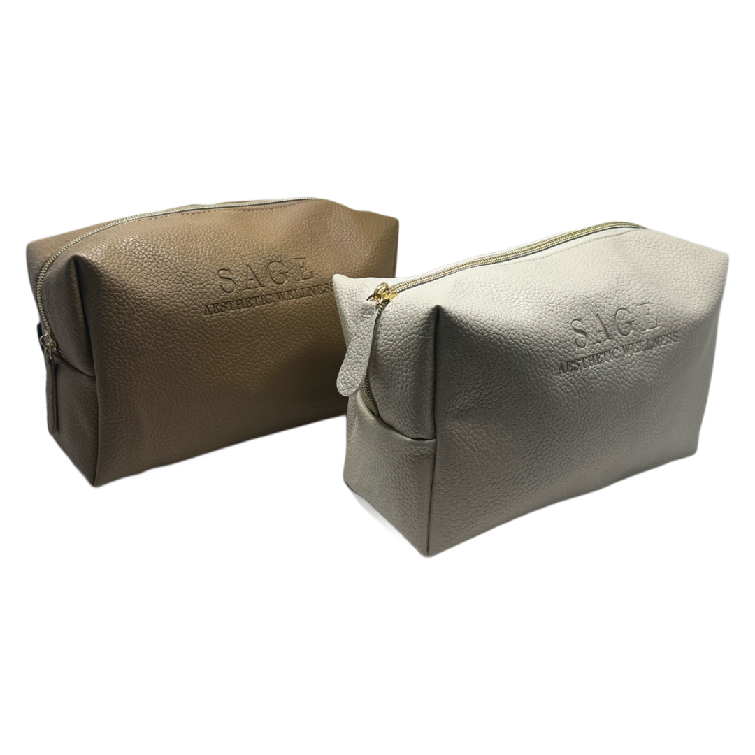 Desert tan skincare product travel bag with gold zipper