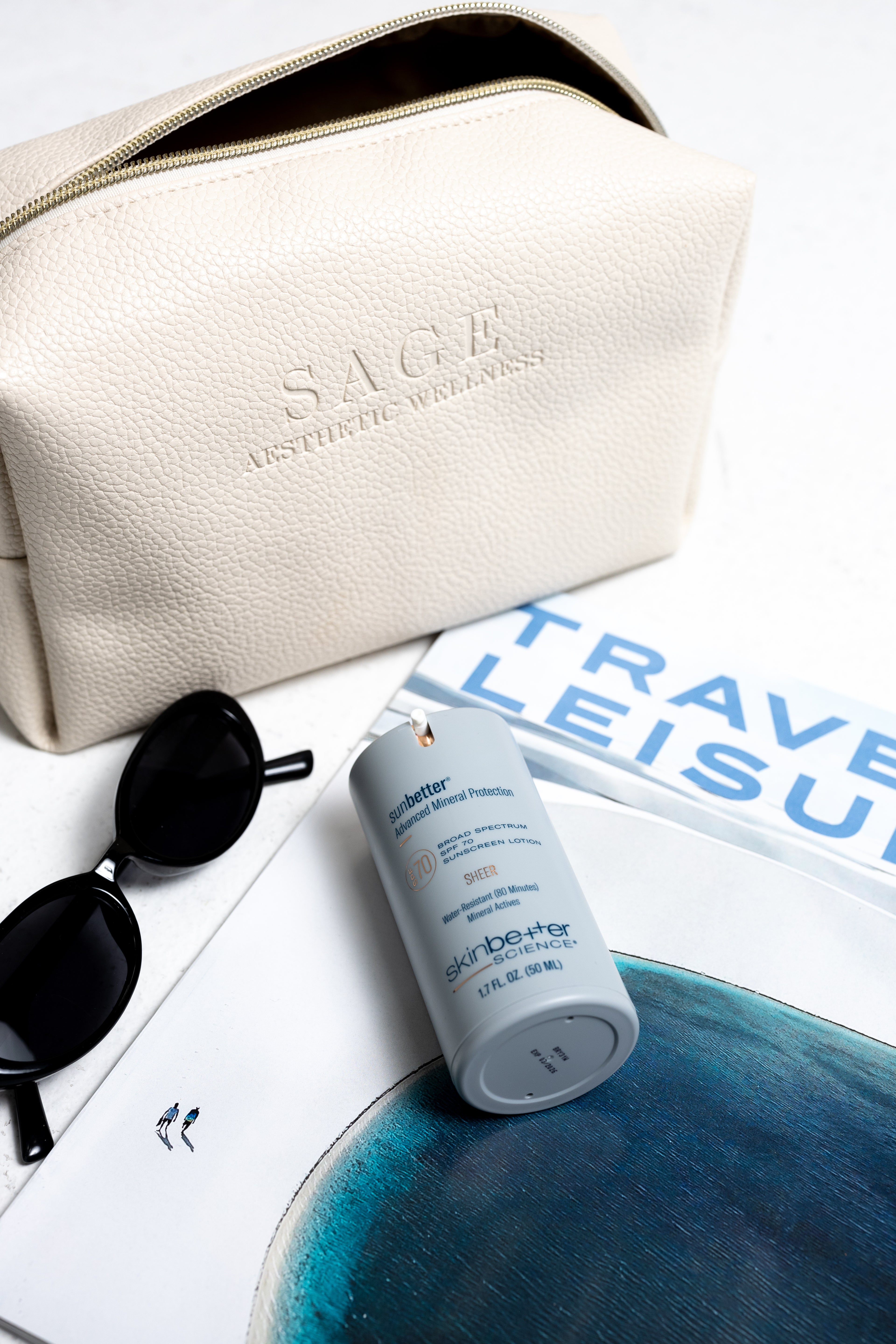 Skincare Product Travel Bag beige close up angled view