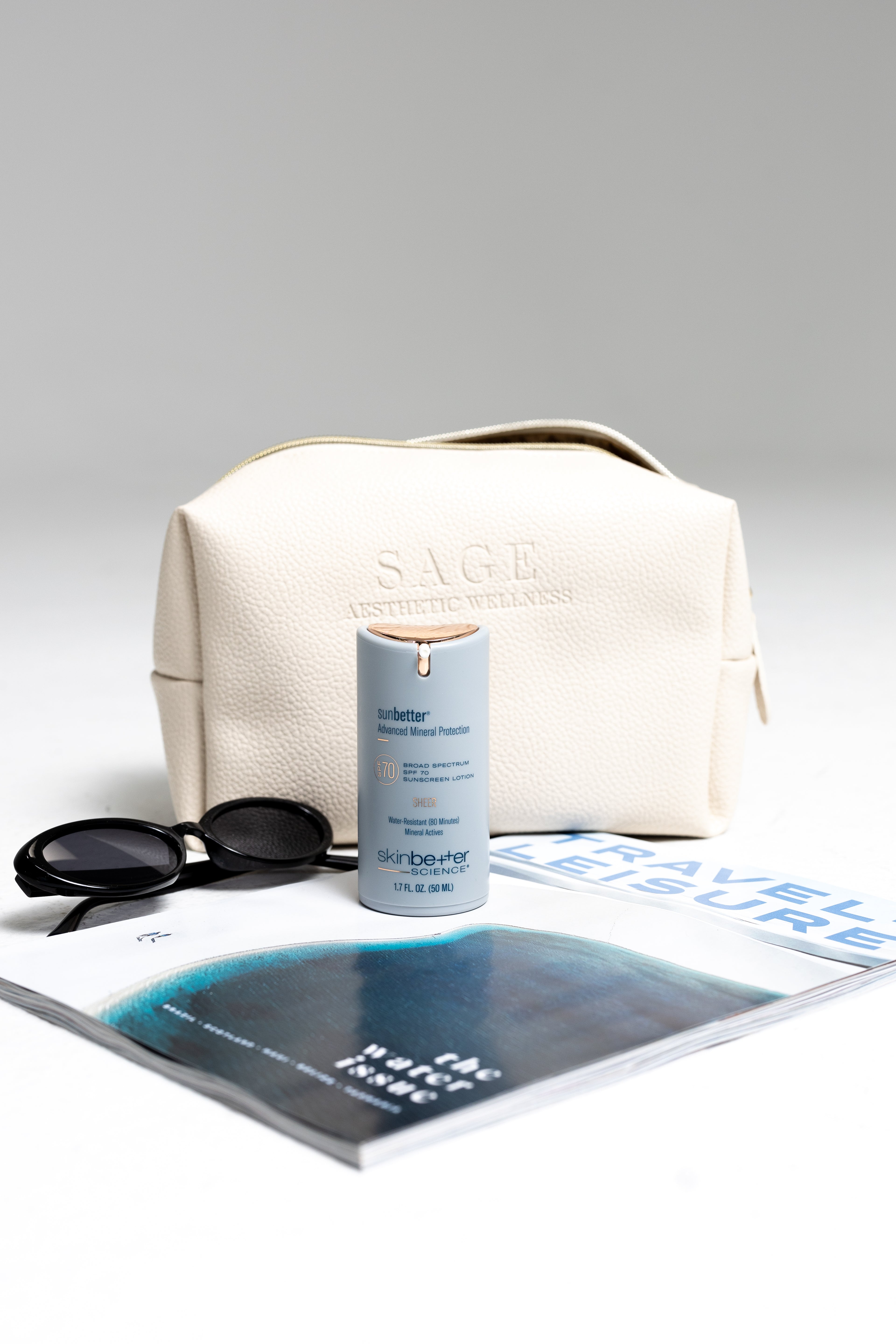 Beige skincare travel bag next to eyewear for stylish flat lay