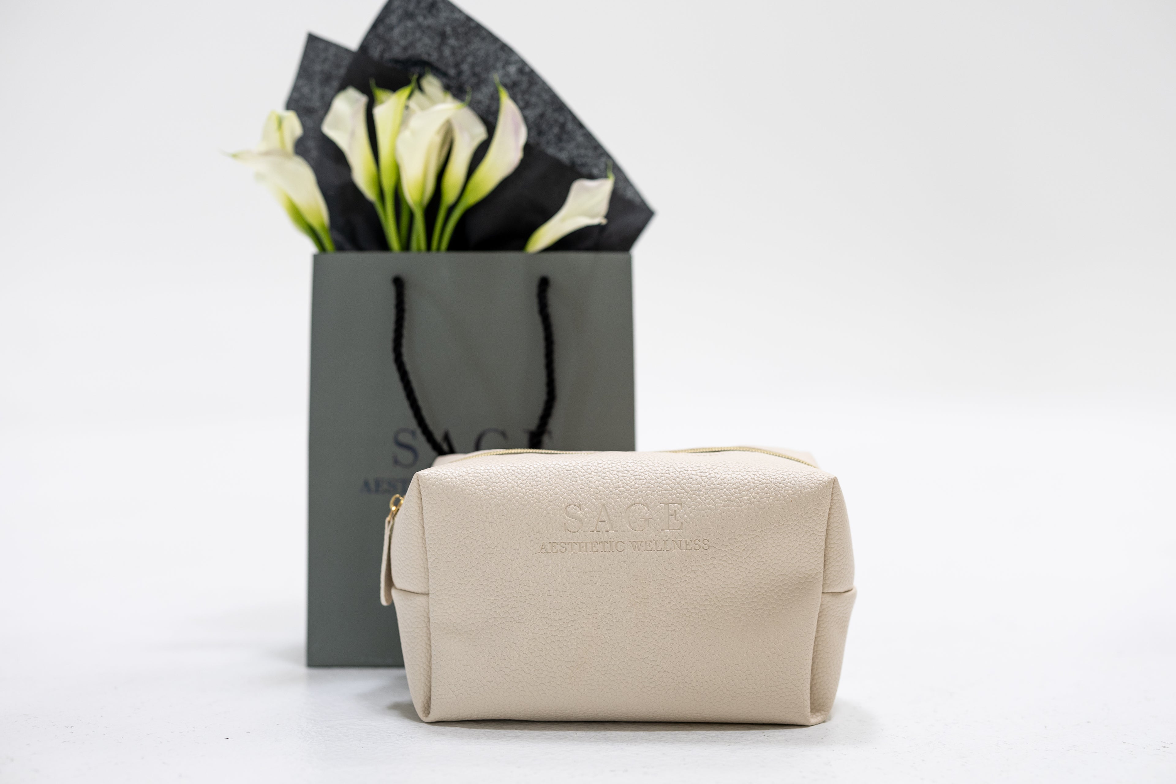 Skincare Product Travel Bag beige flowers inside tote bag