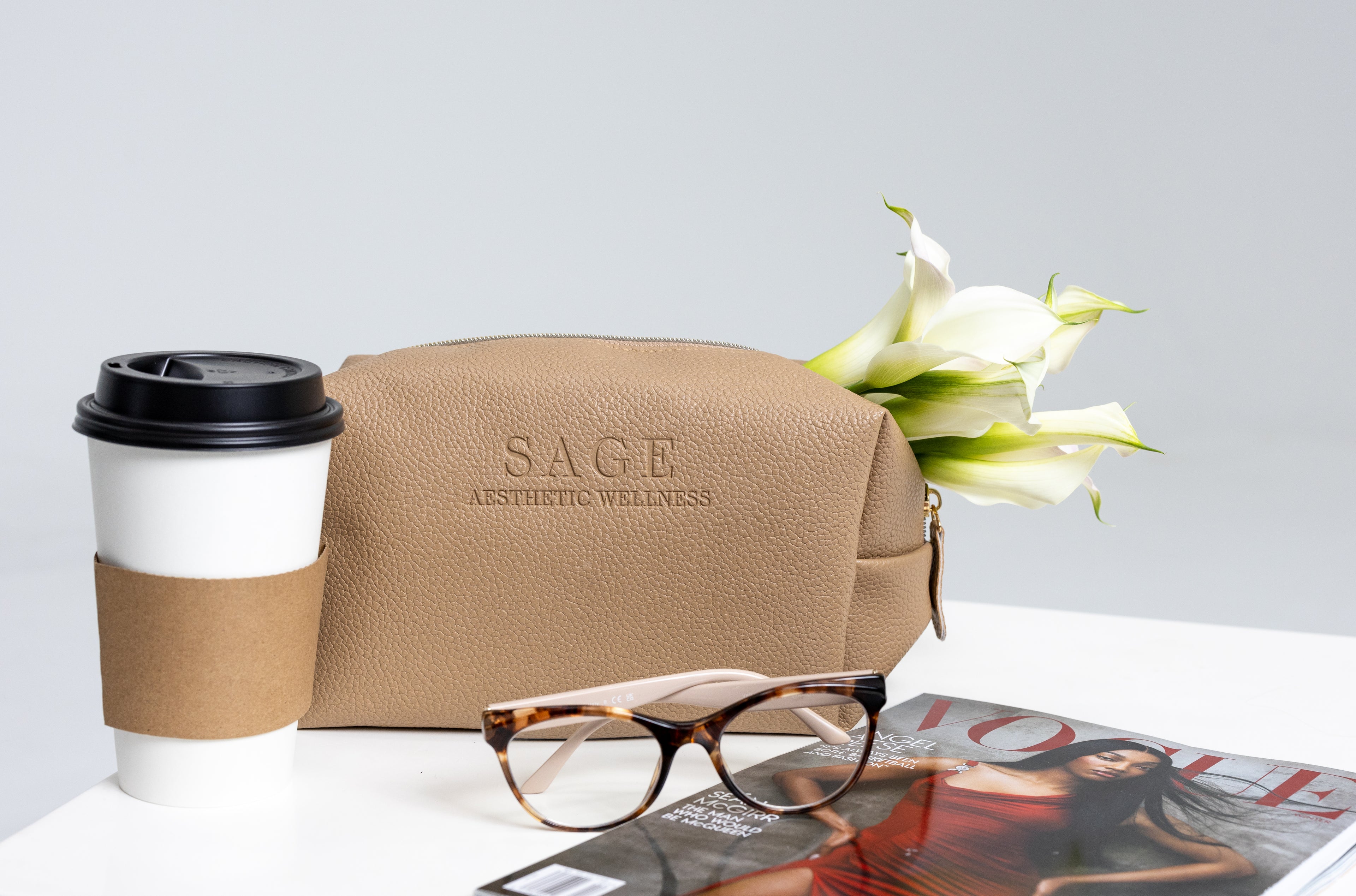 Skincare Product Travel Bag brown close up coffee cup