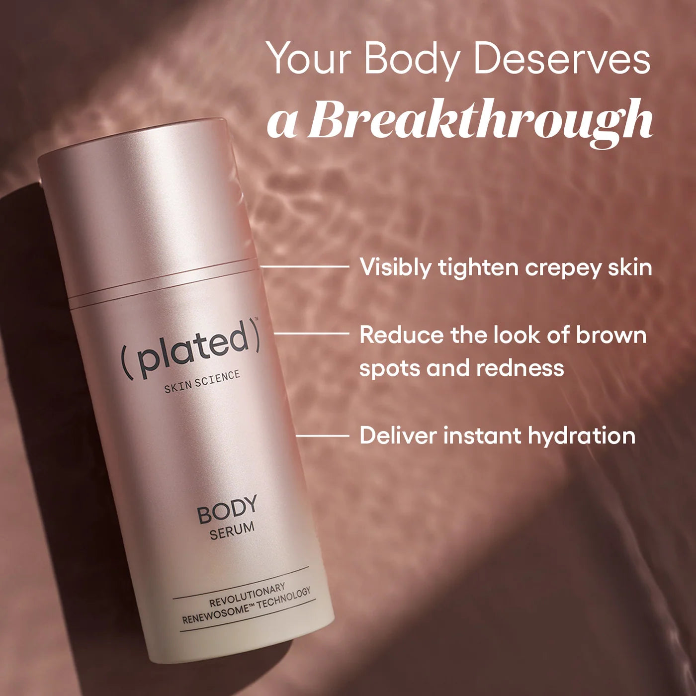 A metallic rose gold bottle of (Plated) Body Serum on a textured pinkish-brown background with promotional text overlays.