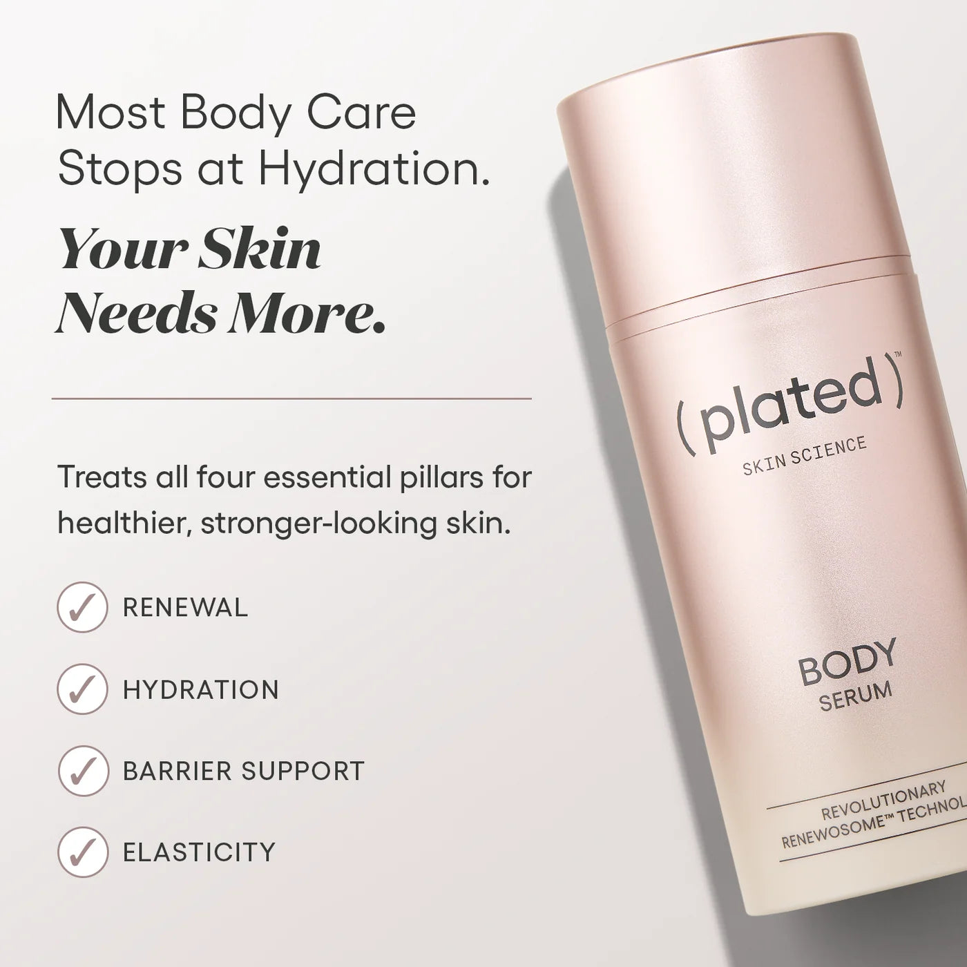 A rose gold bottle of (Plated) Skin Science Body Serum shown on a light gray background with promotional text describing skin care benefits.