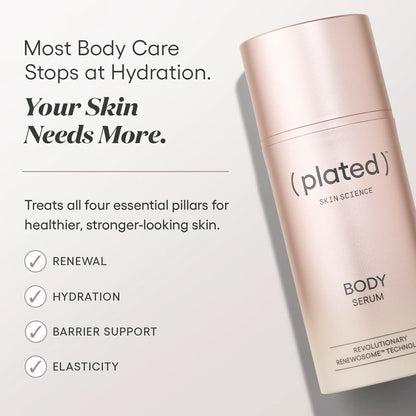 A rose gold bottle of (Plated) Skin Science Body Serum shown on a light gray background with promotional text describing skin care benefits.