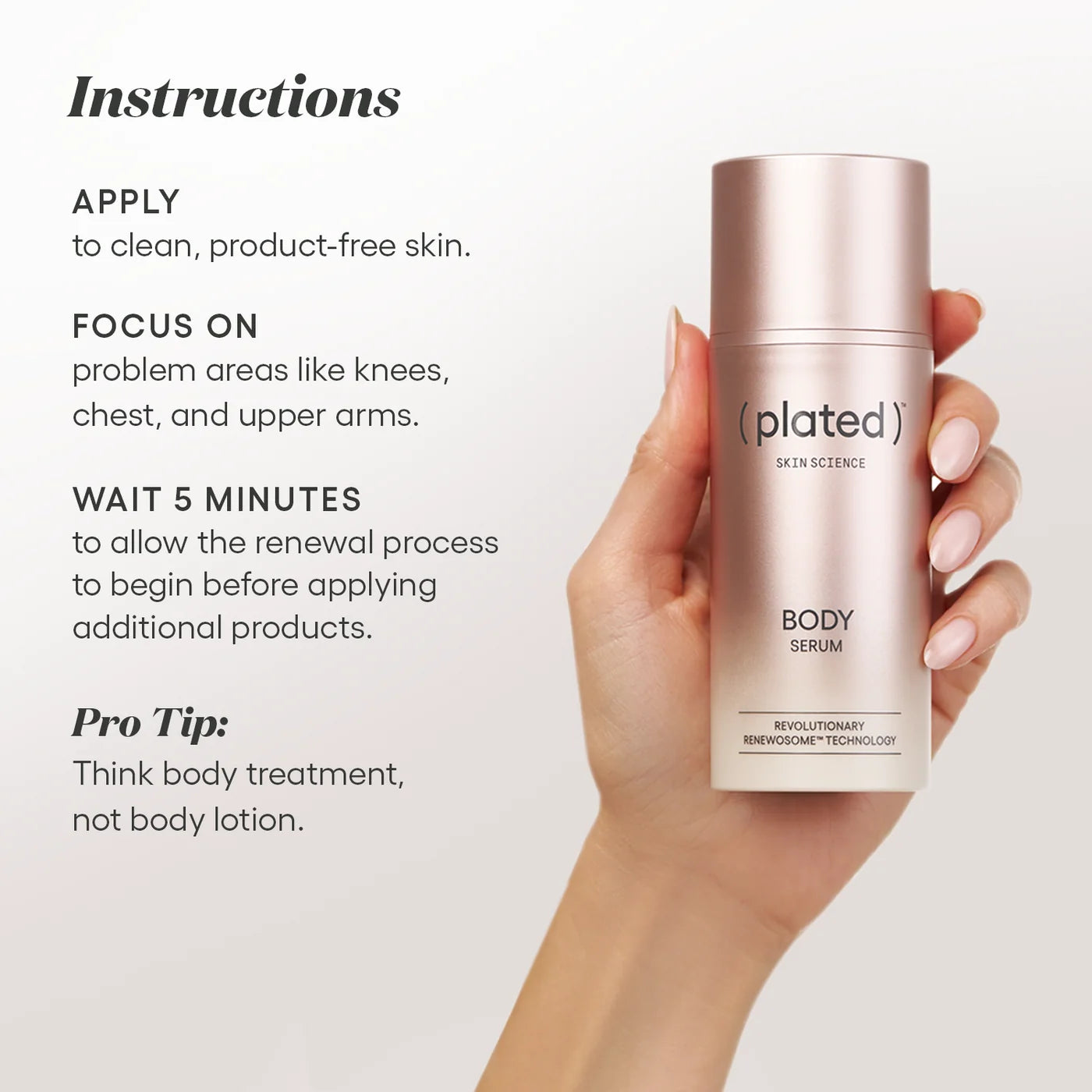 A hand holds a metallic rose gold bottle of &