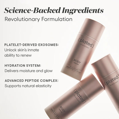 Three cylindrical bottles of (Plated) Cosmetics Body Serum arranged diagonally on a clean white background with promotional text about science-backed ingredients and formulation benefits.