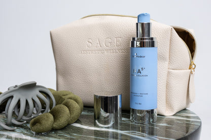 Beige skincare travel bag styled with flowers and skincare bottles