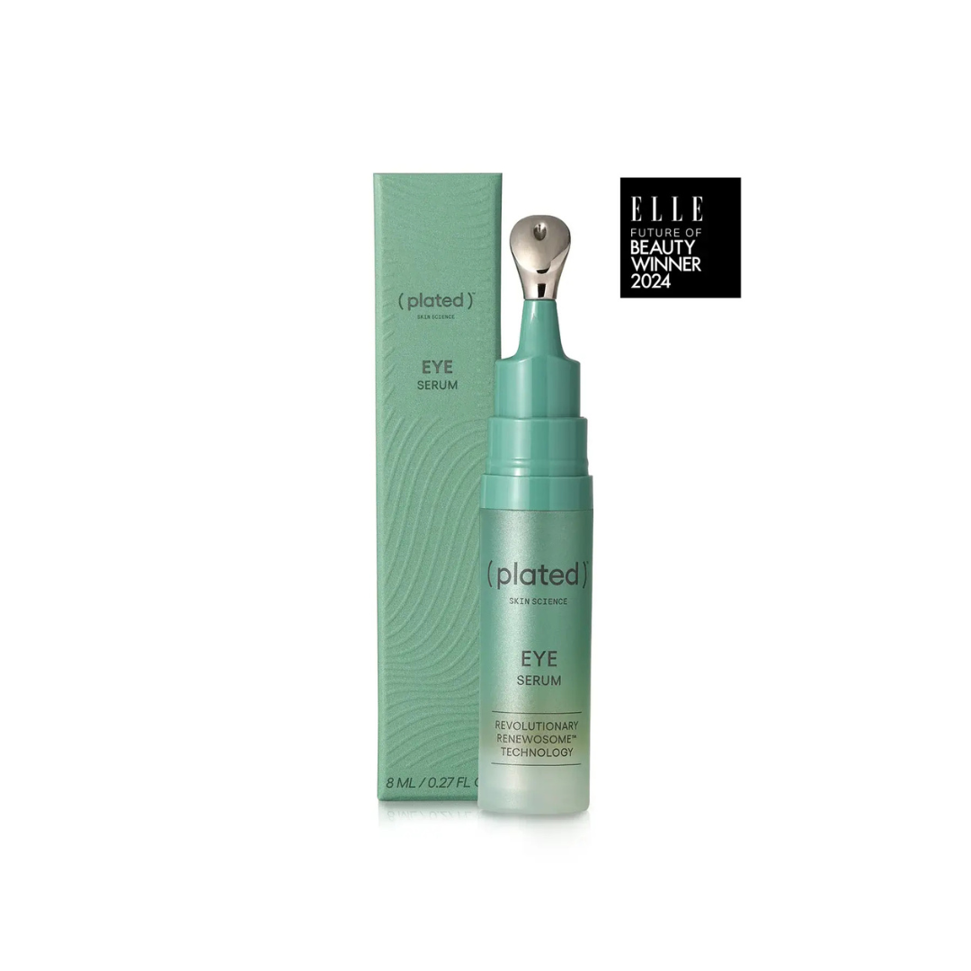 Plated Skincare Eye Serum in a mint green bottle with a metallic silver applicator, shown next to its matching mint green box and a black ELLE Beauty Winner 2024 badge on a white background.