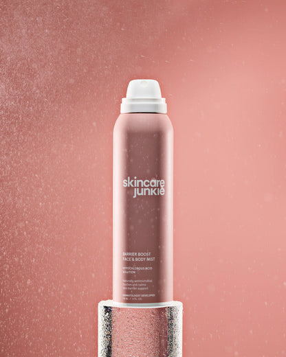 hypochlorous acid spray benefits infographic showing reduces breakouts, restores skin barrier and soothes irritation