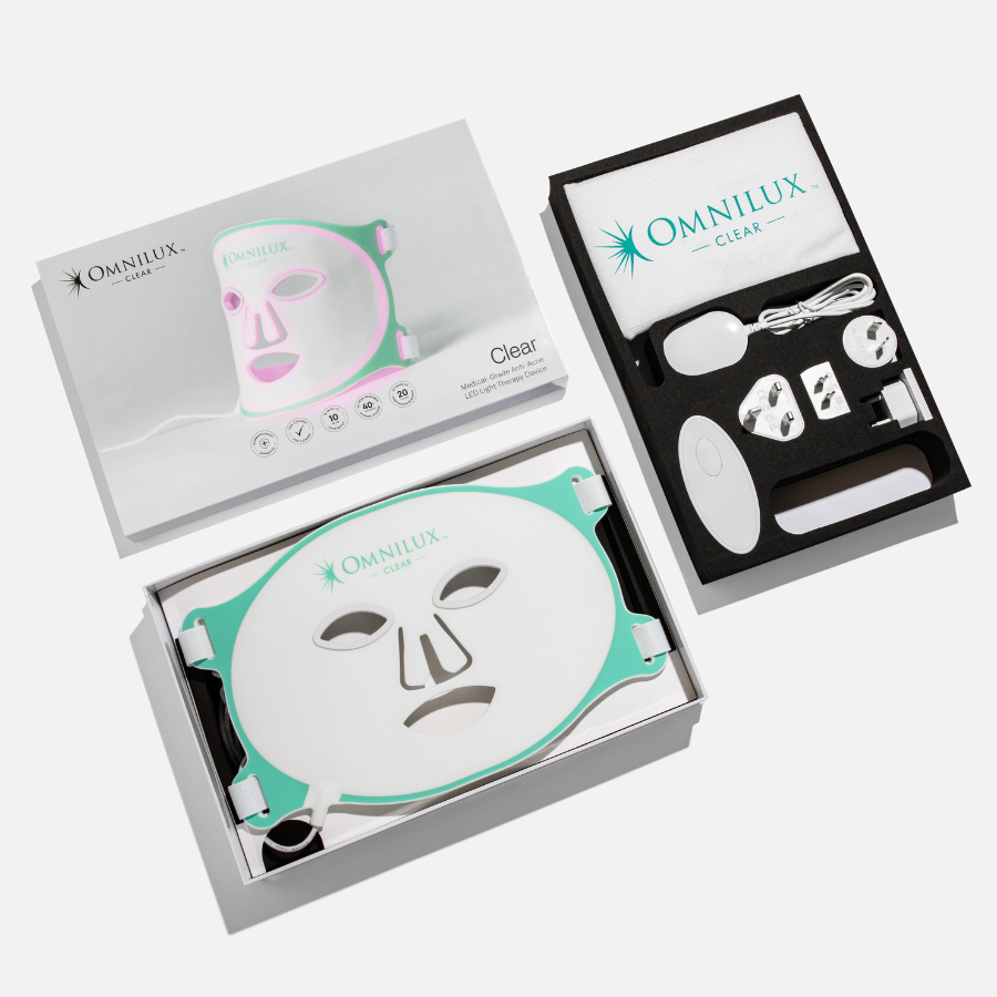 Components of Omnilux Clear mask including controller and head straps