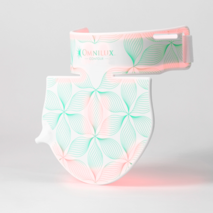 An FDA-cleared, dermatologist-recommended red light therapy device designed for neck and décolleté skin rejuvenation. The device emits red and near-infrared light from its surface.