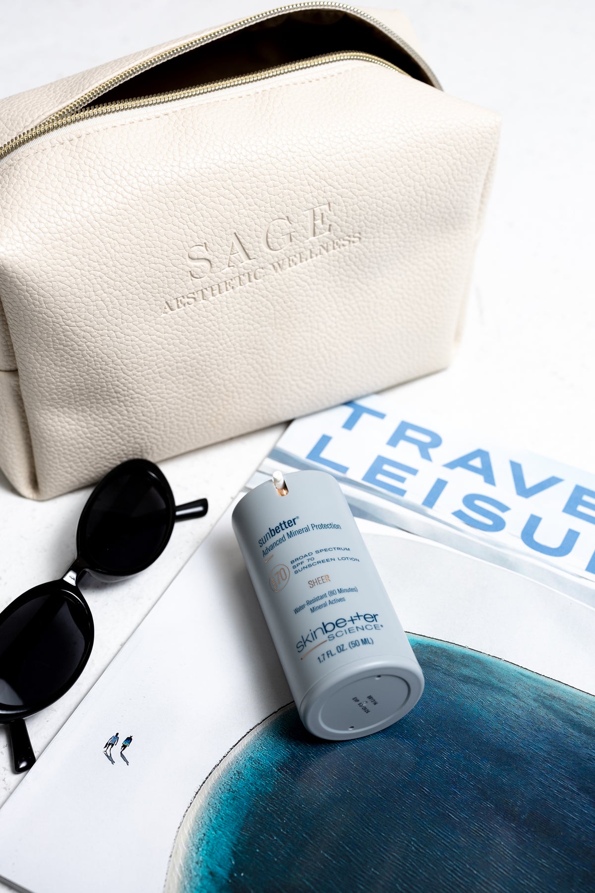Skincare Product Travel Bag beige close up angled view