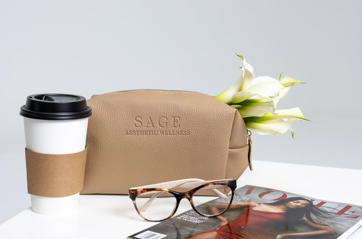 Skincare Product Travel Bag brown close up coffee cup
